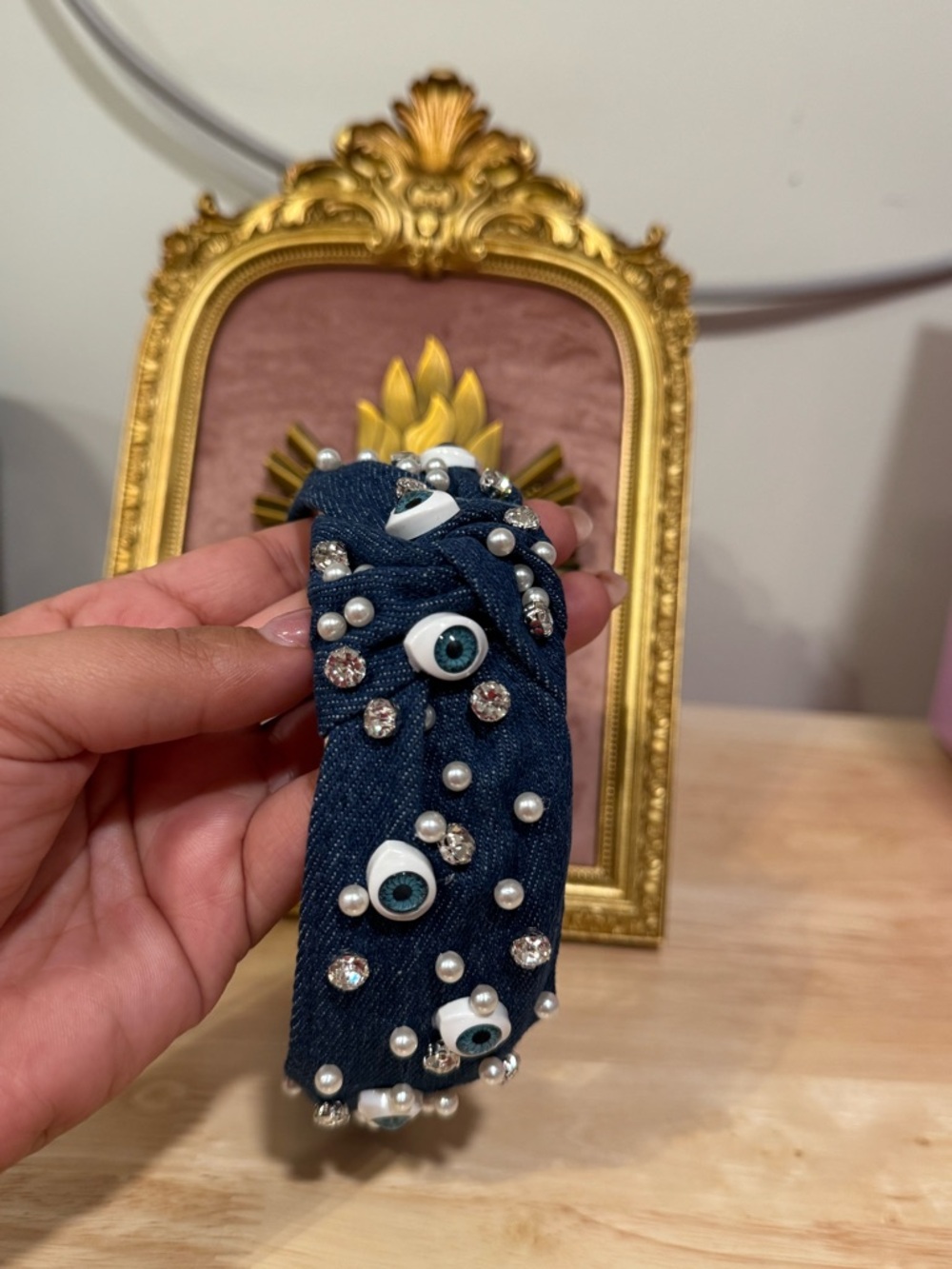 Embellished Denim Evil Eye Headband - Blue with Pearls & Crystals